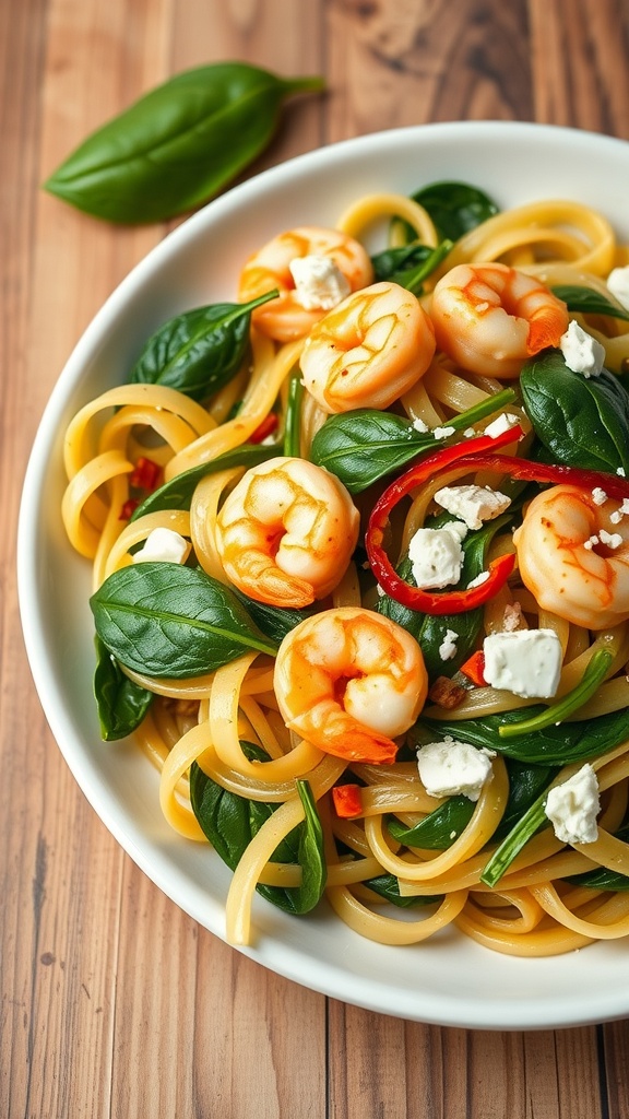 A plate of spicy shrimp and spinach penne pasta garnished with chili slices and cheese.