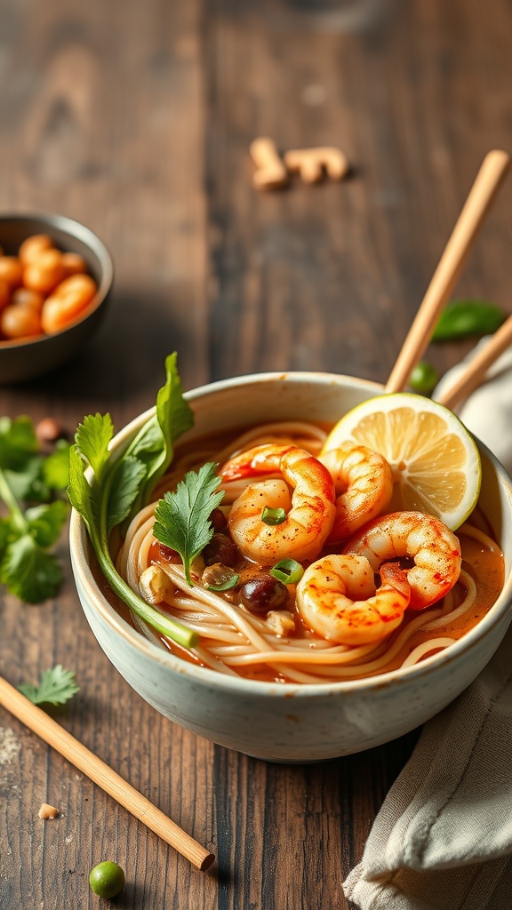 A delicious bowl of Thai shrimp noodle bowl garnished with fresh herbs and lime.