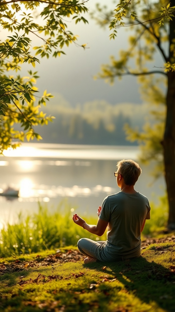 A person meditating by the water in a serene natural setting.