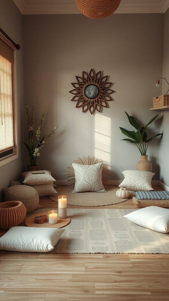 A cozy meditation space with cushions, candles, and plants.