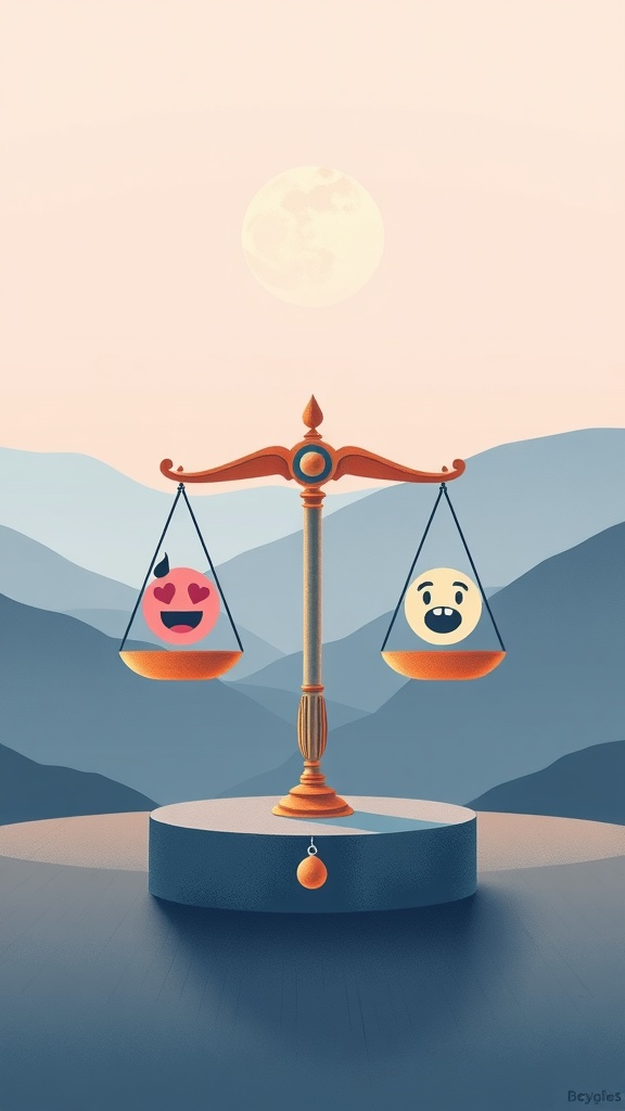 A scale balancing two emojis representing joy and love against a serene backdrop.