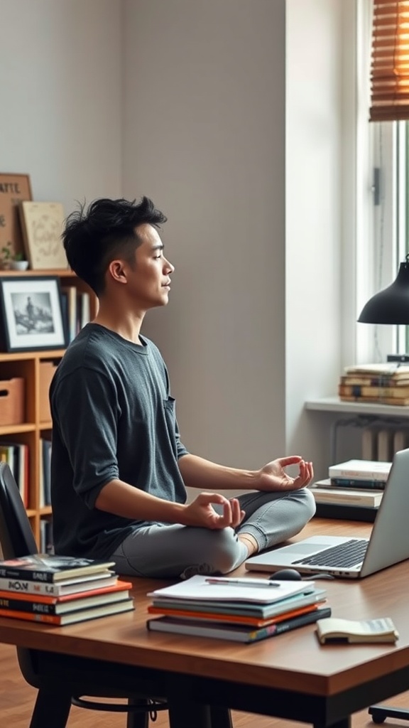 A person meditating in a cozy room, surrounded by books, focused on their breath.