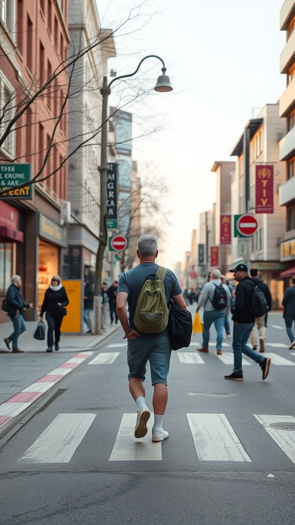 A person walking mindfully in a busy street, illustrating the practice of walking meditation.