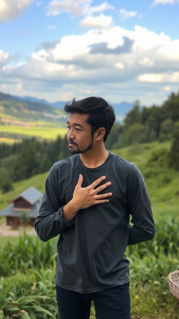A person standing outdoors with one hand on their chest, reflecting in a serene environment.