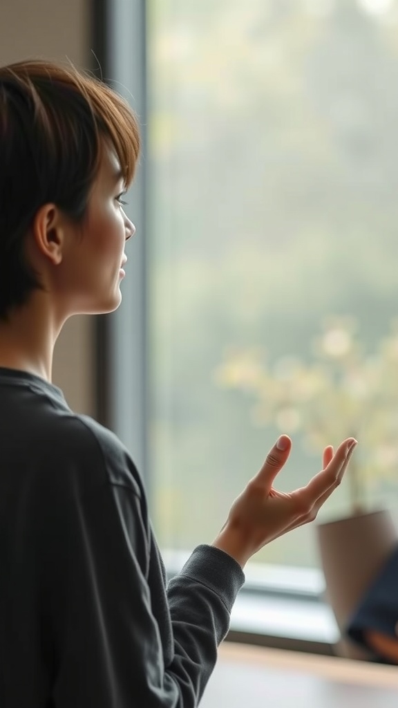A person practicing meditation, looking thoughtfully out of a window in a serene setting.