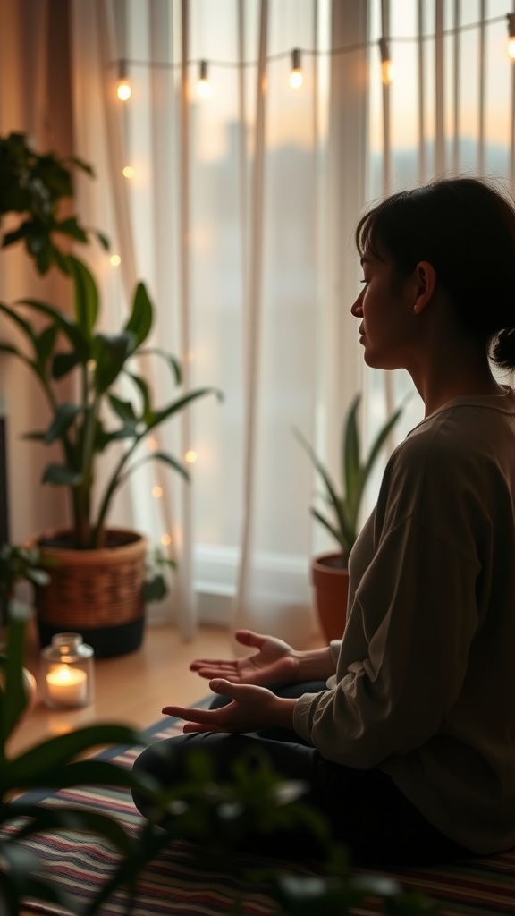 A person meditating in a serene space surrounded by plants and soft lighting.