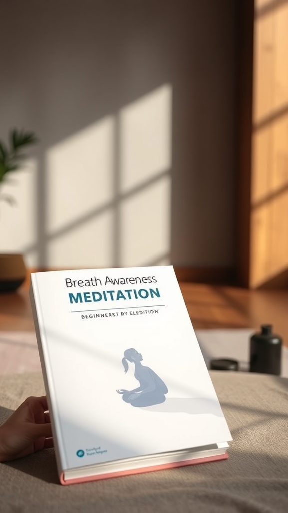 A book titled 'Breath Awareness Meditation' is placed on a soft surface, with sunlight casting shadows in a tranquil setting.