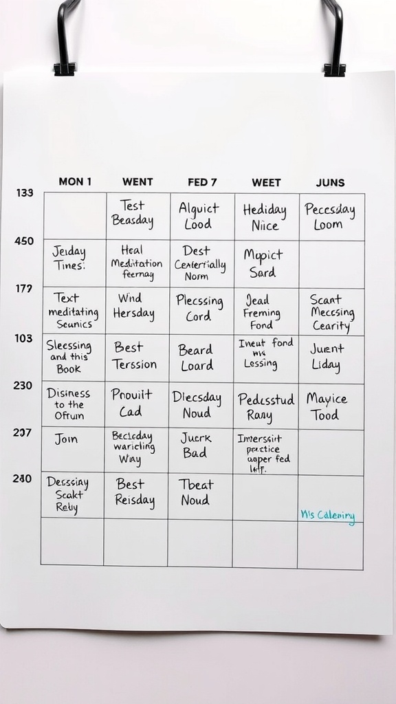 A calendar marked with dates, illustrating a meditation practice schedule.