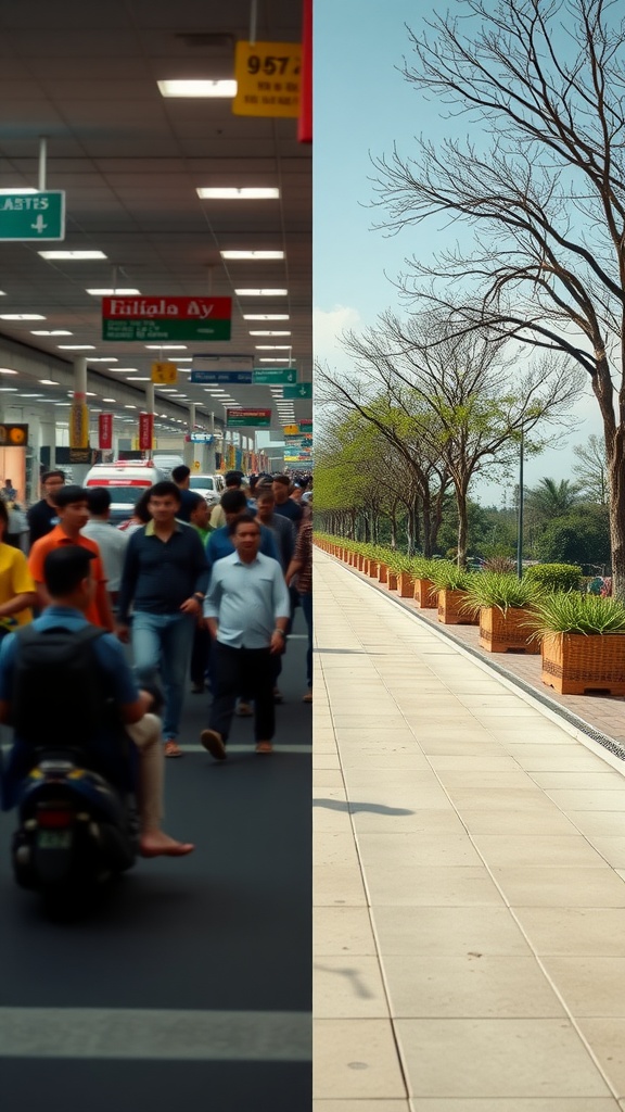 A comparison of a busy indoor space on the left and a peaceful outdoor area on the right.