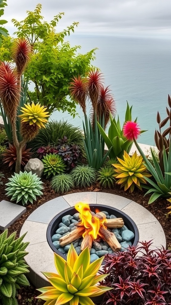 A vibrant infinity edge garden with a fire pit surrounded by various plants, showcasing a mix of colorful succulents and tall foliage.