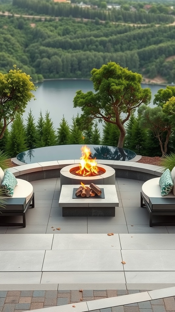 A cozy fire pit surrounded by seating in an Infinity Edge Garden, overlooking a serene lake and lush greenery.