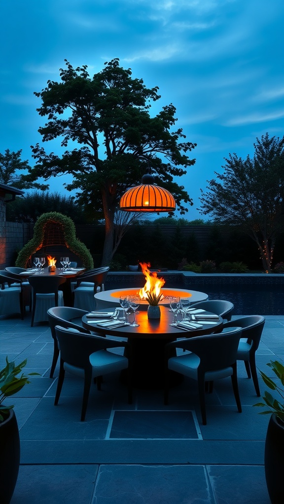 An open-air dining area featuring modern tables and chairs, a fire pit, and ambient lighting in the evening.