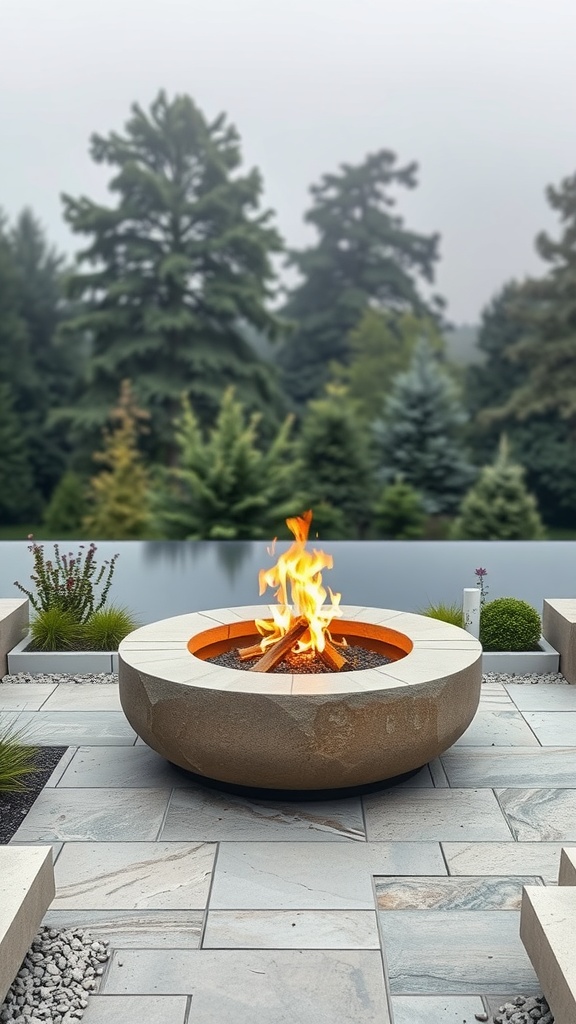 A modern fire pit made of natural stone, surrounded by stone pavers and lush greenery.