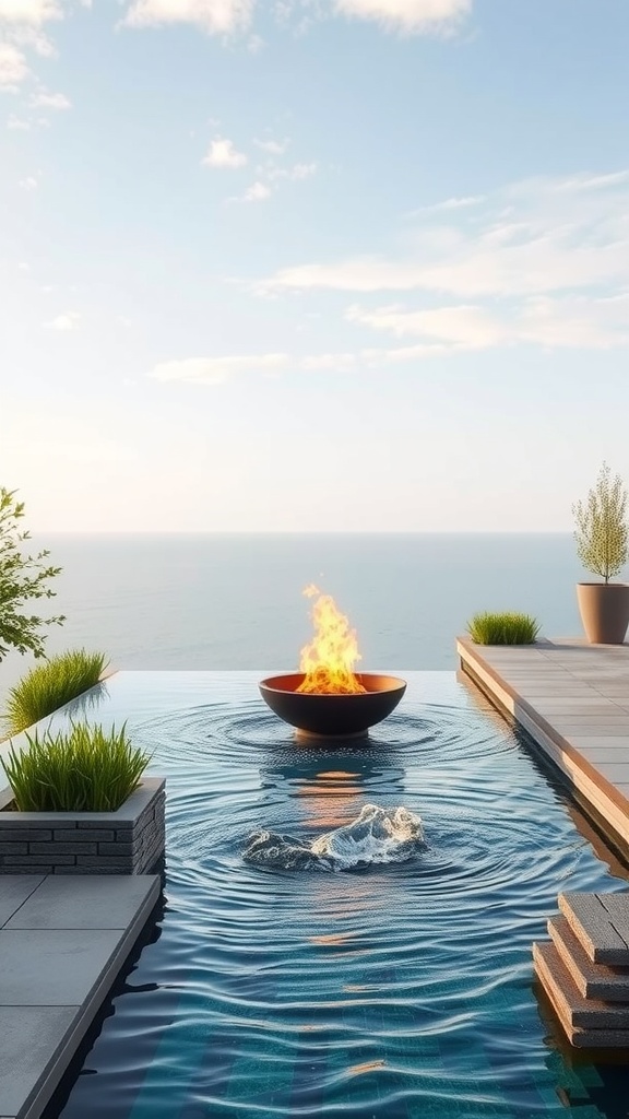 Infinity edge garden featuring a fire pit in a tranquil water setting