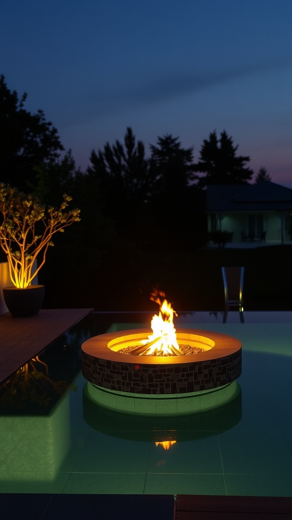 A glowing fire pit surrounded by soft lighting, creating a cozy outdoor ambiance.