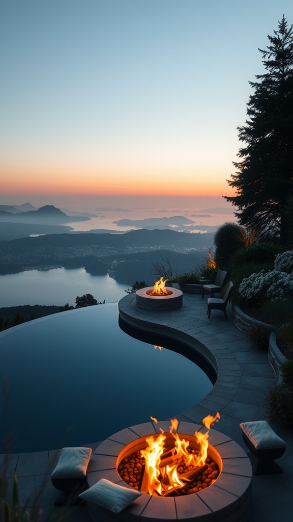 An elegant infinity edge pool and fire pits overlooking a stunning sunset view.