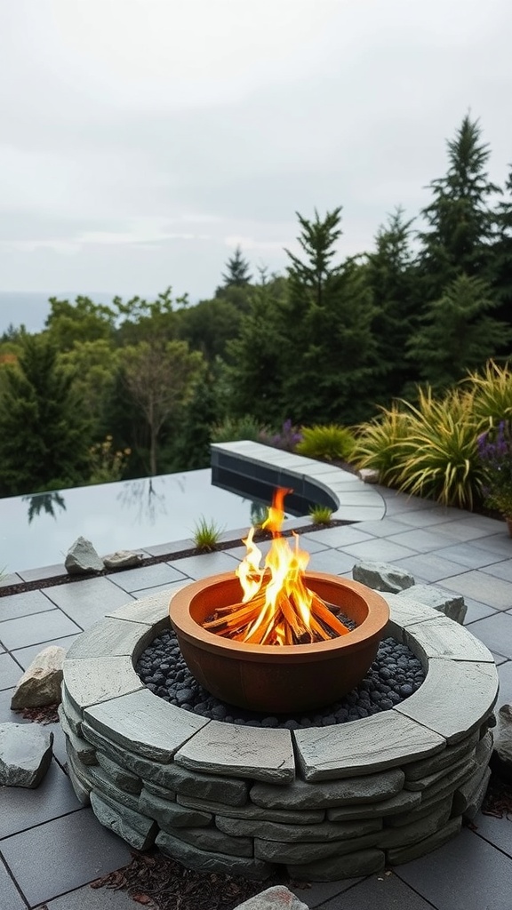 Fire pit surrounded by stone in a garden, emphasizing safety and design.