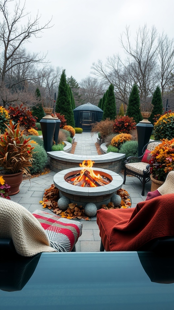A beautiful fire pit surrounded by autumn foliage, cozy blankets, and decorative plants.
