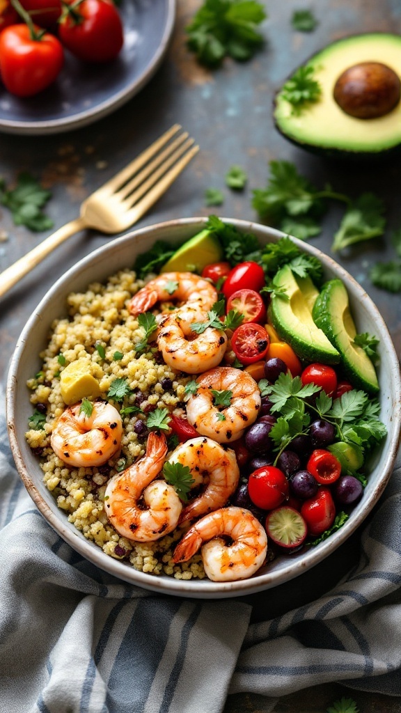 A colorful bowl featuring grilled shrimp, avocado, tomatoes, and quinoa.