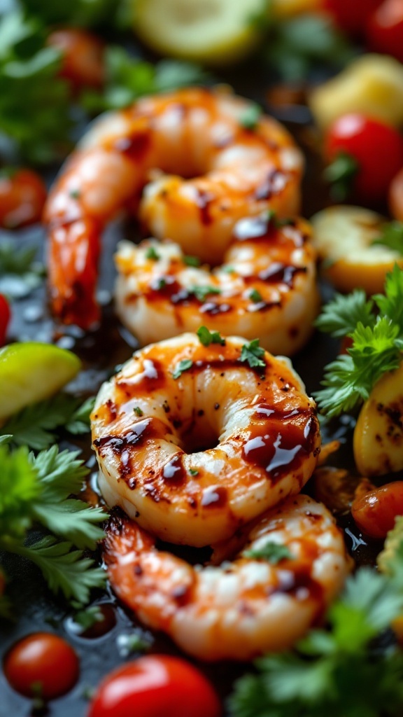 Balsamic glazed grilled shrimp garnished with herbs