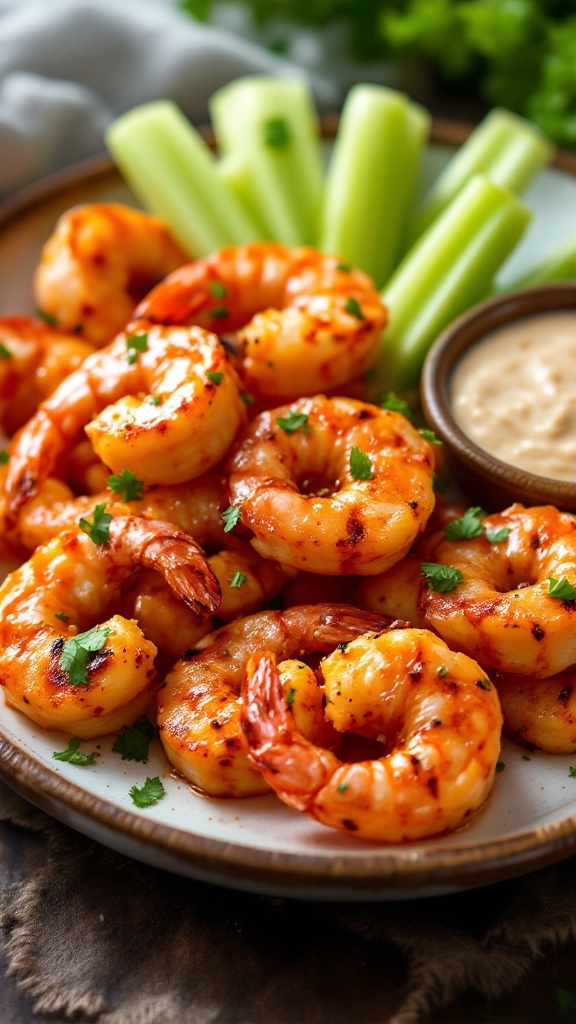 Buffalo grilled shrimp served with celery sticks and dipping sauce.