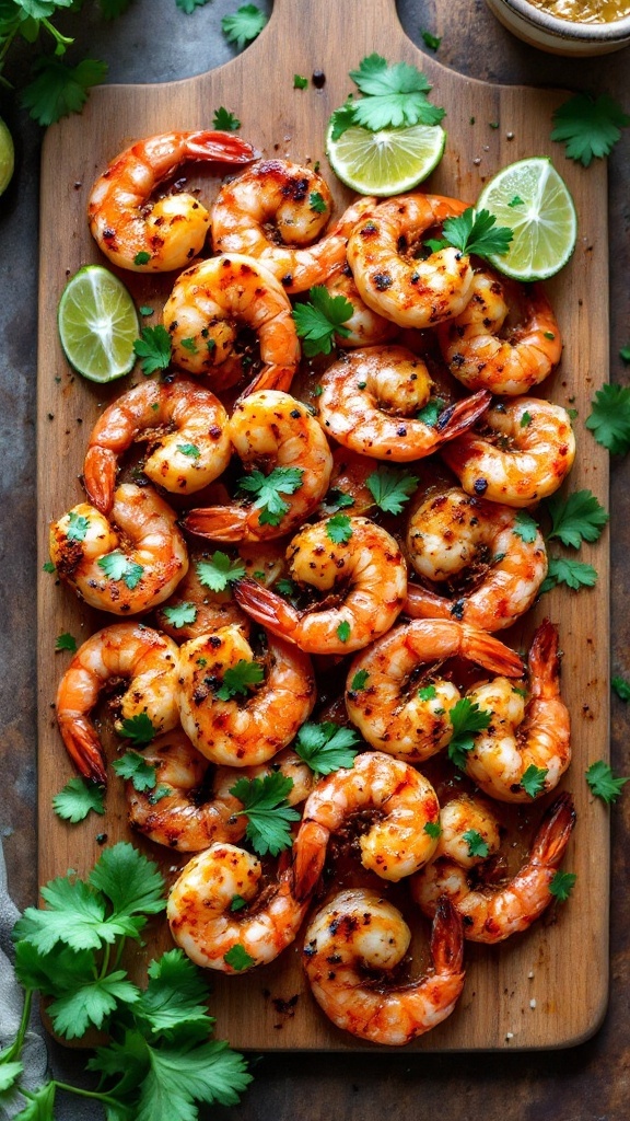 A plate of grilled shrimp garnished with lime and cilantro.