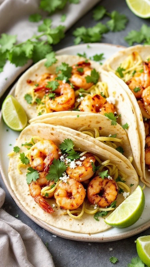 Cilantro lime grilled shrimp tacos with fresh ingredients.