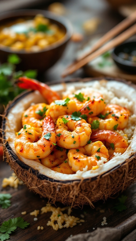 A bowl of grilled shrimp with coconut and curry flavors.