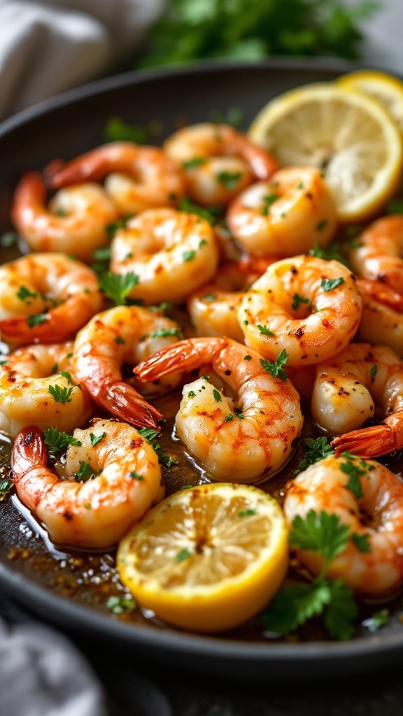 Garlic butter grilled shrimp with parsley and lemon