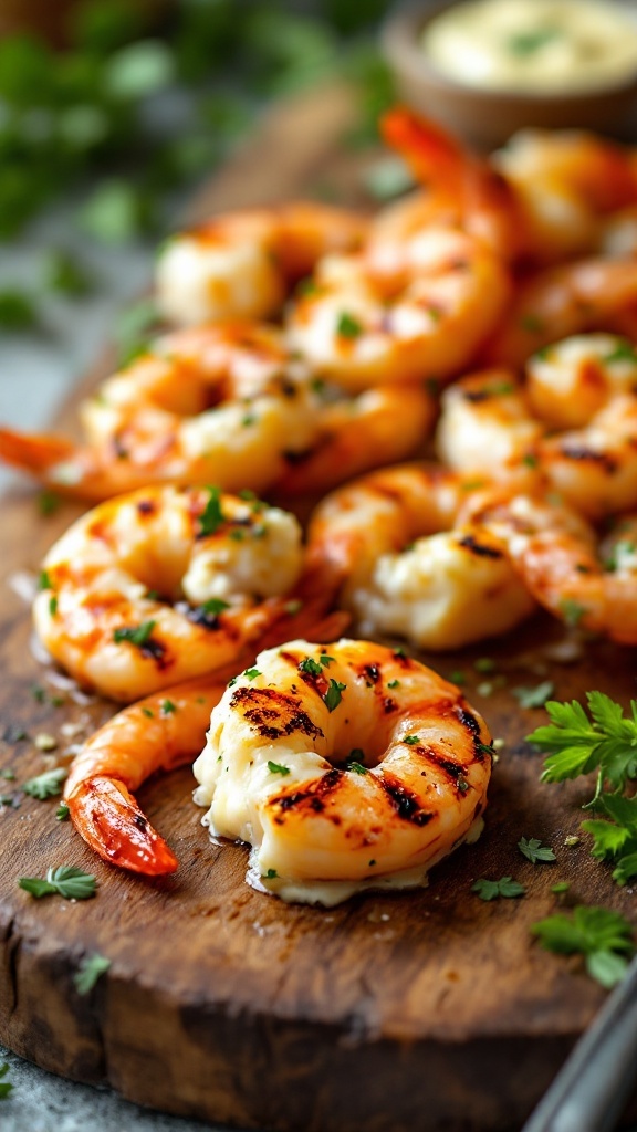 Grilled shrimp with herbs on a wooden board.