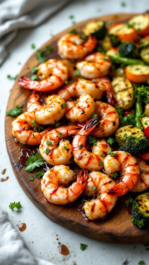 A plate of honey soy glazed grilled shrimp garnished with green onions and sesame seeds, accompanied by colorful grilled vegetables.