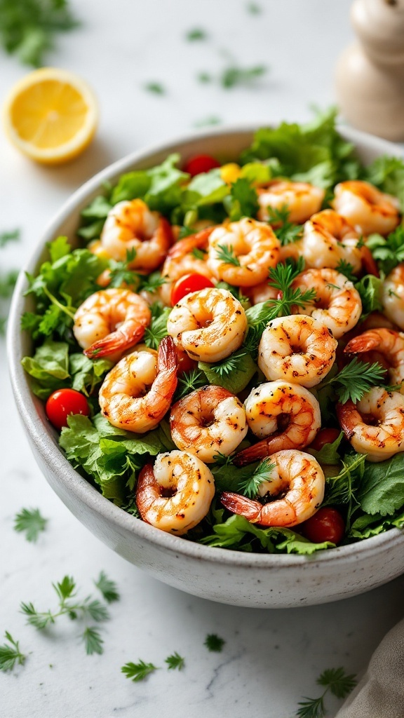 A light and refreshing lemon dill grilled shrimp salad with mixed greens and cherry tomatoes.