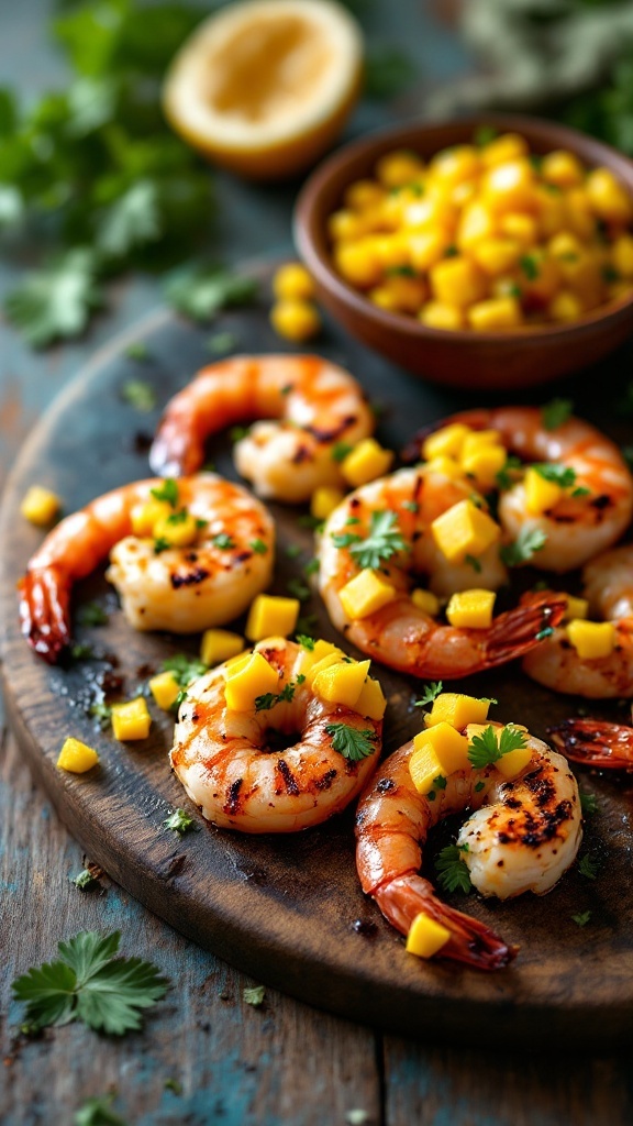 Grilled shrimp with mango salsa and garnished with cilantro.