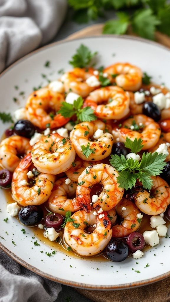 Delicious Mediterranean Herb Grilled Shrimp with olives and feta cheese