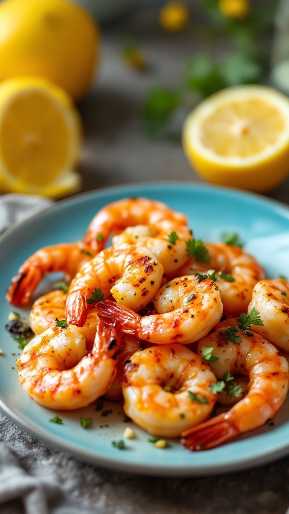 Grilled shrimp with paprika and lemon served on a blue plate