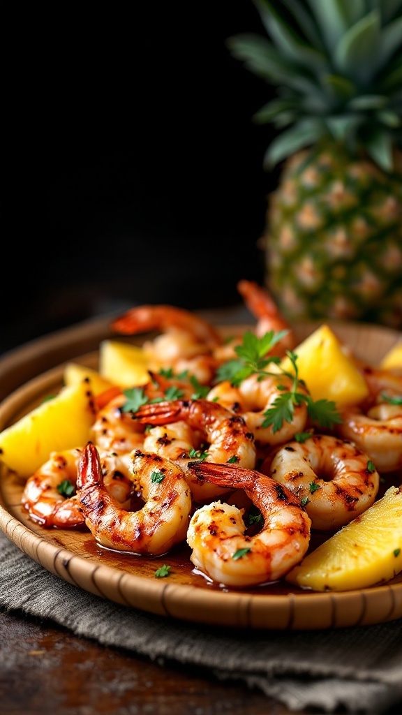 Grilled shrimp with pineapple teriyaki glaze served on a plate