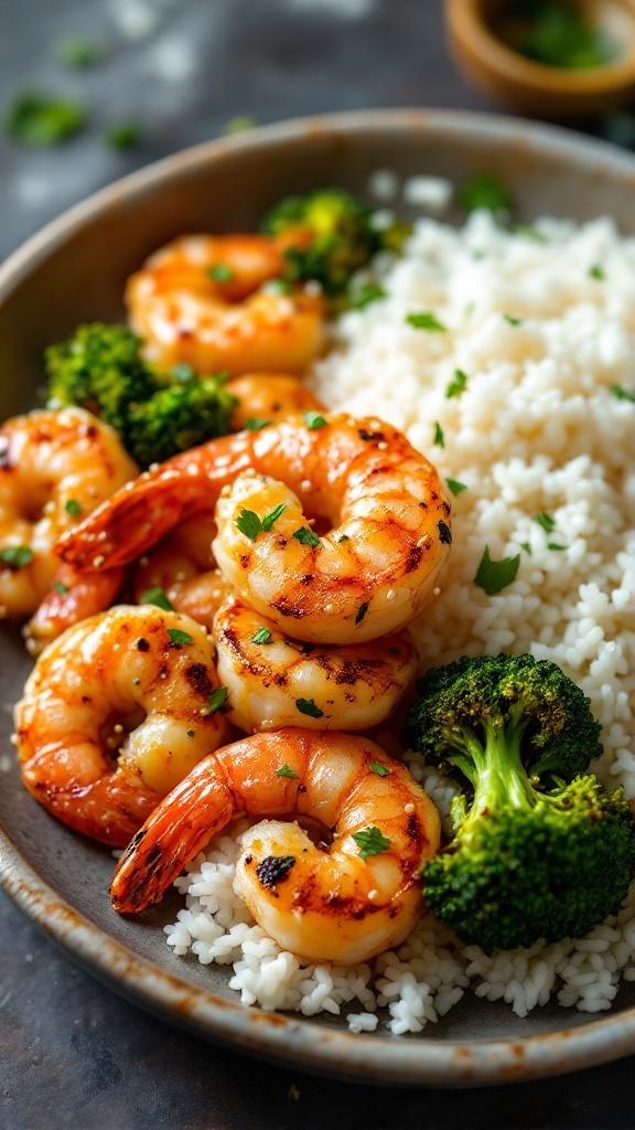 A plate of sesame ginger grilled shrimp served with rice and broccoli.