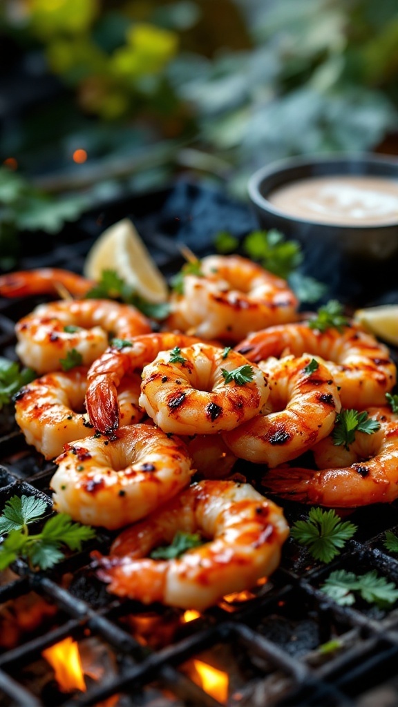 Delicious spicy garlic grilled shrimp skewers served with fresh herbs.