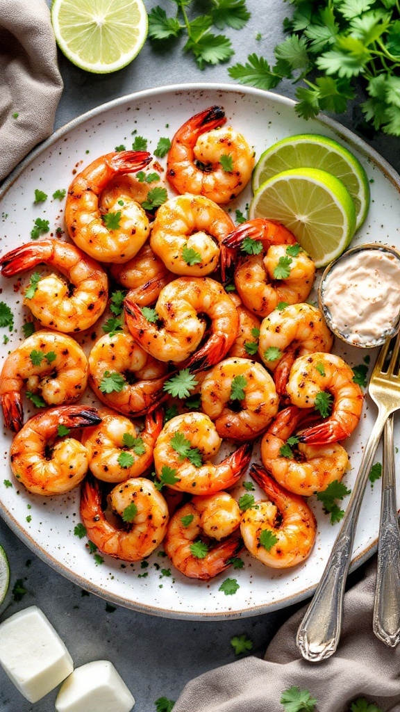 Delicious Sriracha Lime Grilled Shrimp served on a plate with lime slices and cilantro.