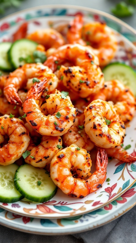 A plate of grilled shrimp garnished with herbs and cucumber slices.