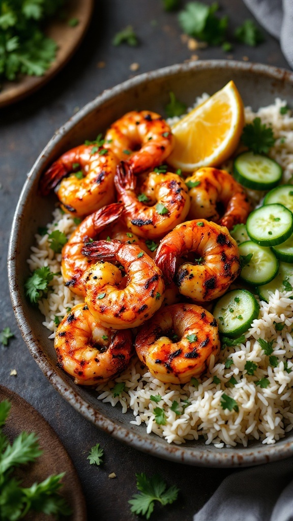 Tandoori spiced grilled shrimp served on a plate with rice and cucumber slices