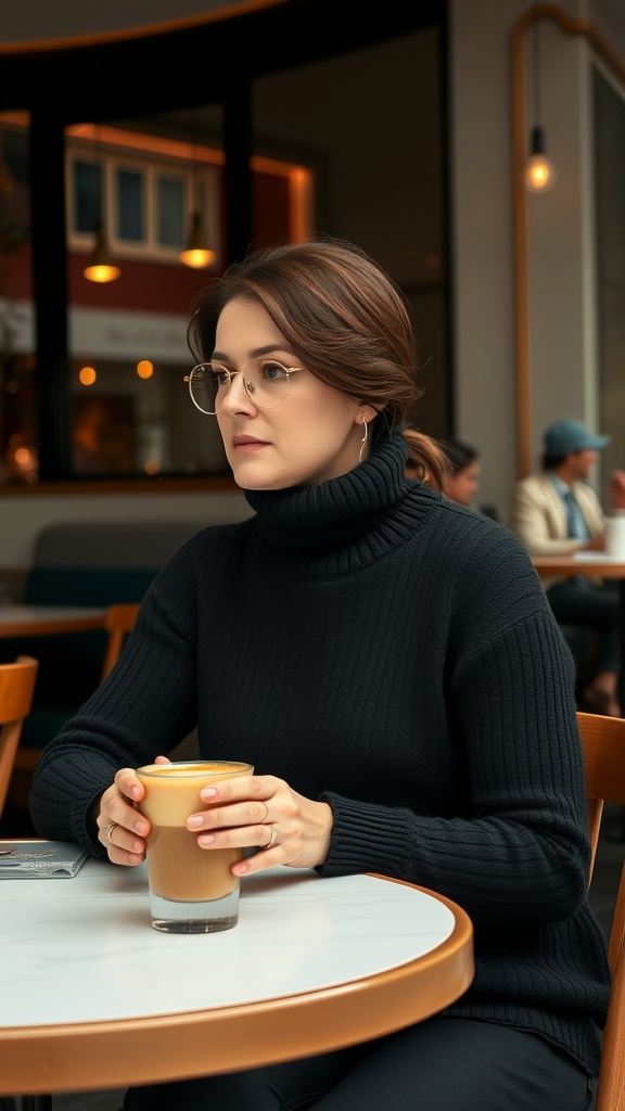 A woman wearing a black turtleneck sitting at a café with a drink.