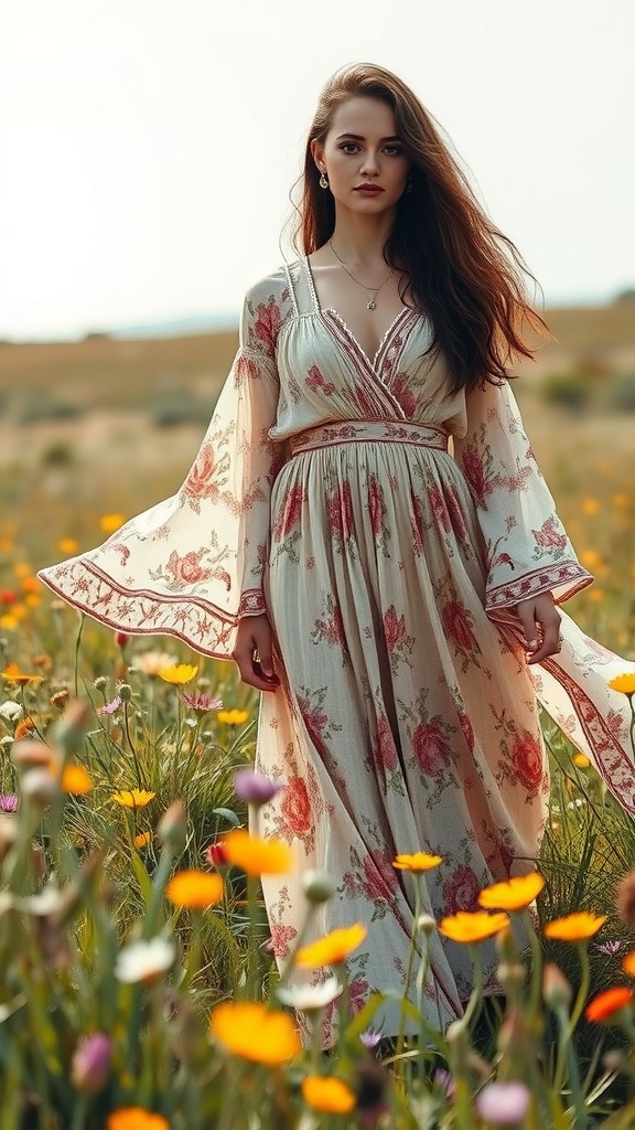 A woman in a floral bohemian dress standing in a field of flowers