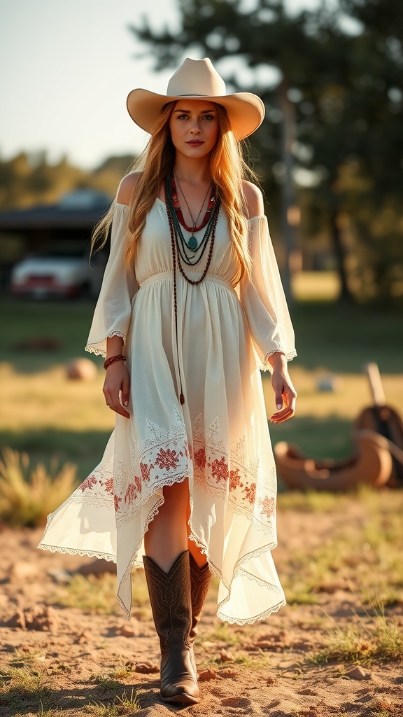 A woman in a boho cowgirl outfit wearing a flowing white dress, cowboy boots, and a wide-brimmed hat.