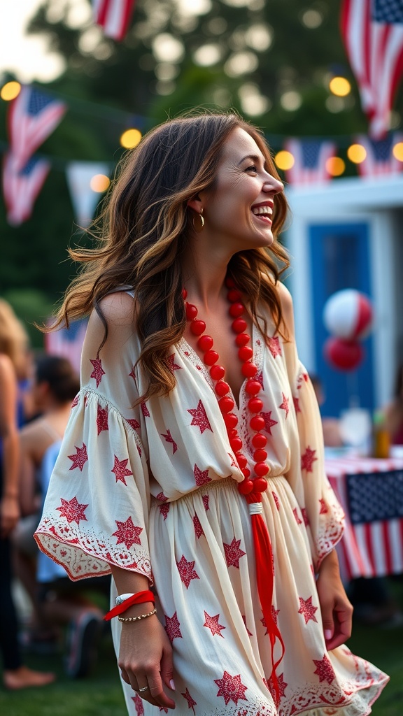 A woman in a white boho dress with red stars and red accessories, smiling at a festive outdoor gathering.