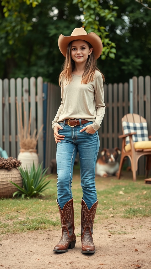 A girl wearing a casual cowgirl outfit with a wide-brimmed hat, long sleeve top, fitted jeans, and cowboy boots.