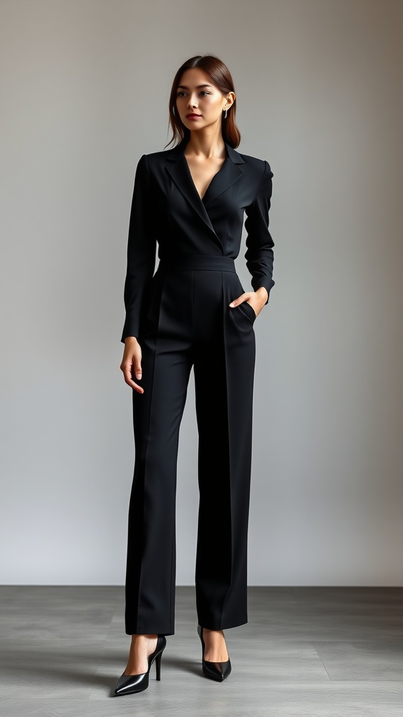 A woman in a chic black jumpsuit with a V-neckline and tailored fit, standing confidently in high heels.