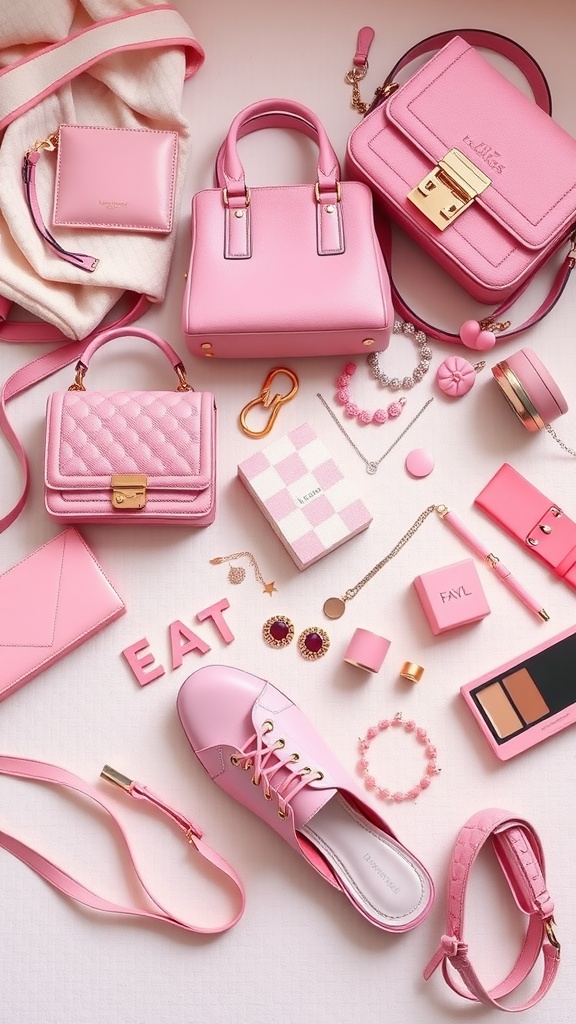 A collection of chic pink accessories including bags, shoes, jewelry, and beauty products arranged aesthetically.