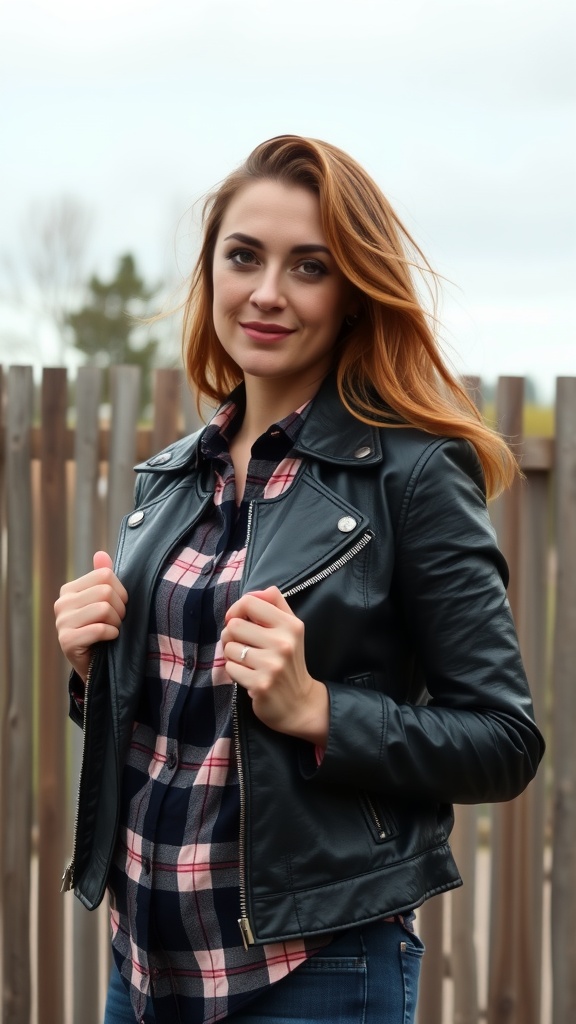 Woman in a black leather jacket over a plaid shirt, smiling at the camera