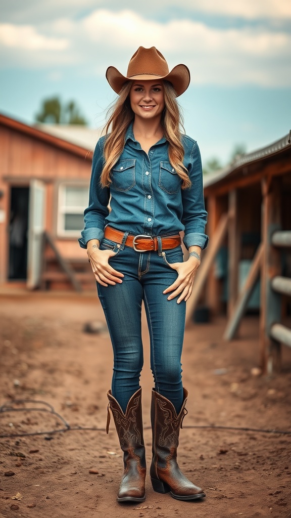 A woman wearing a denim shirt, fitted jeans, cowboy boots, and a wide-brimmed hat, standing outdoors.